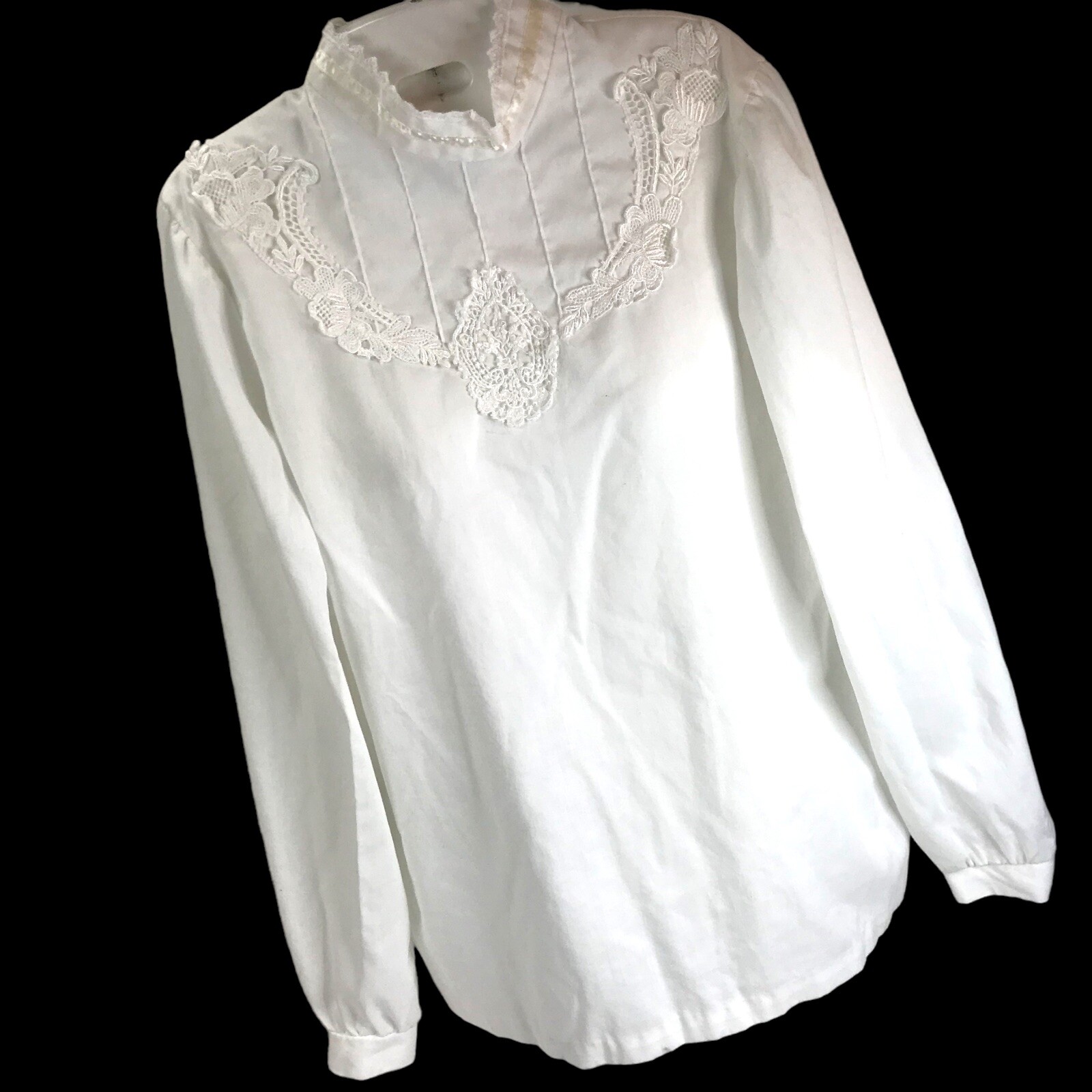 Vintage Joseph II White Lacy Frilled HIgh Neck Pleated Blouse Size 14 White USA