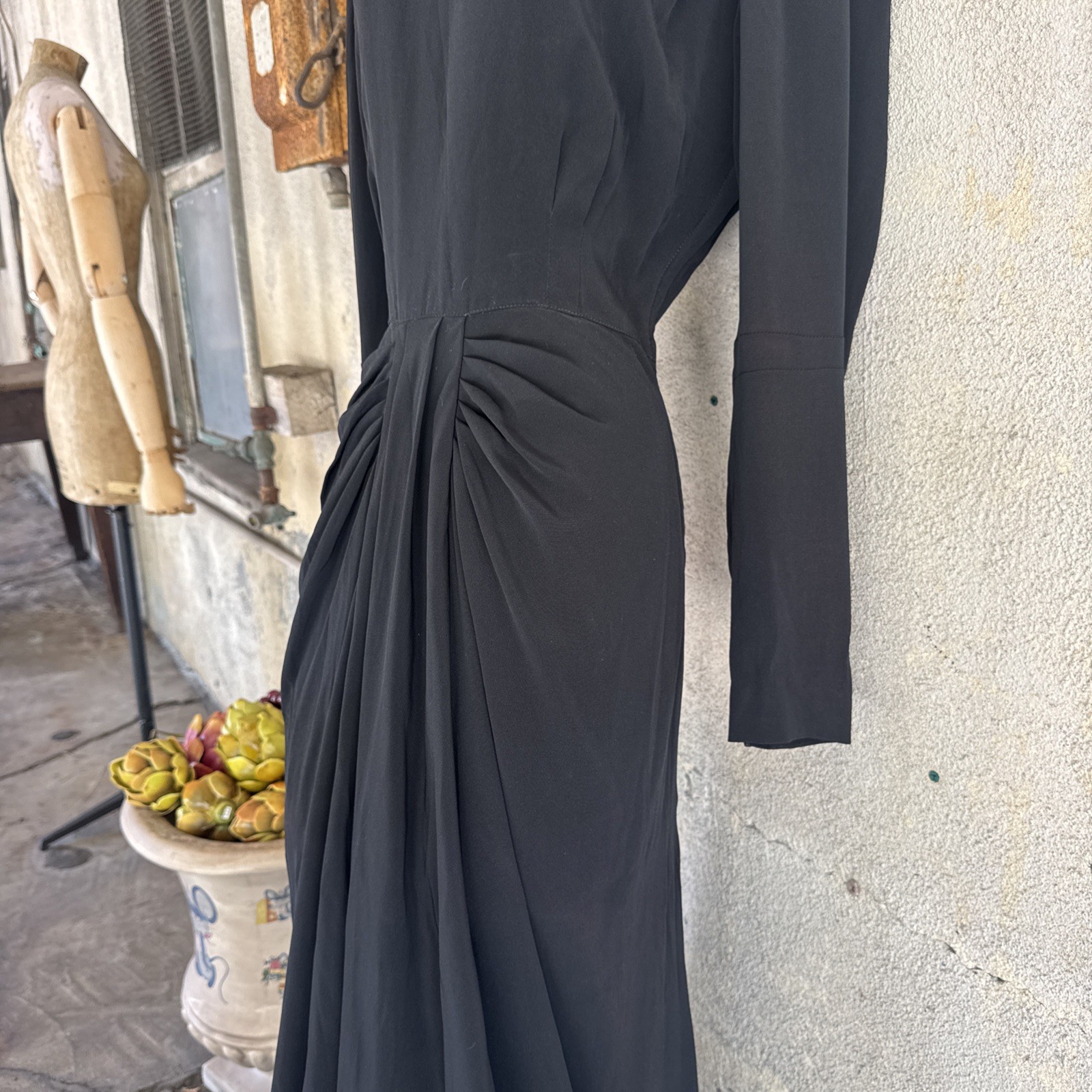 Vintage 1940s Black Crepe Gown Long Sleeve Maxi Gathered Center Hollywood 1930s