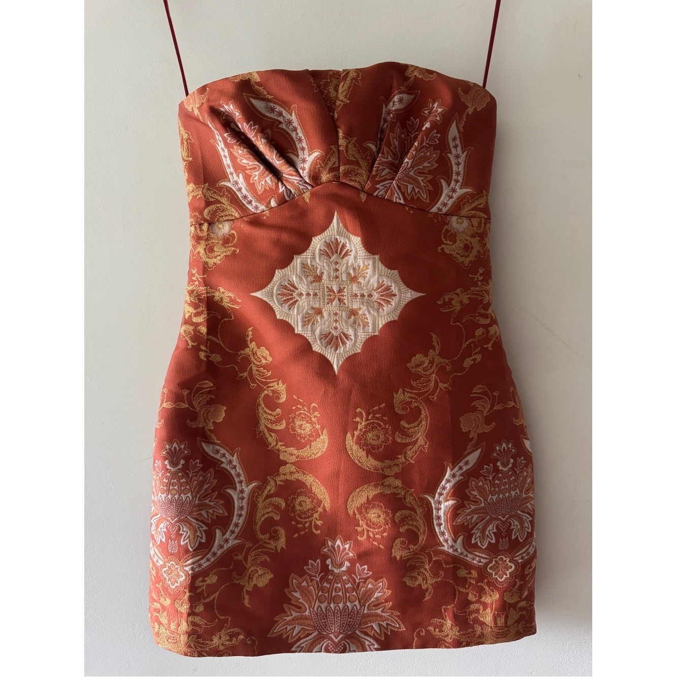 Free People Strapless Copper Metallic Burnt Orange Gold Vintage Details Dress
