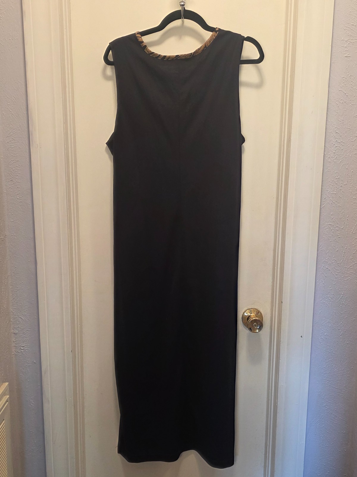 Vintage 90s Matthew & David Maxi Dress Size 16 Black Leopard Chain Back USA Made