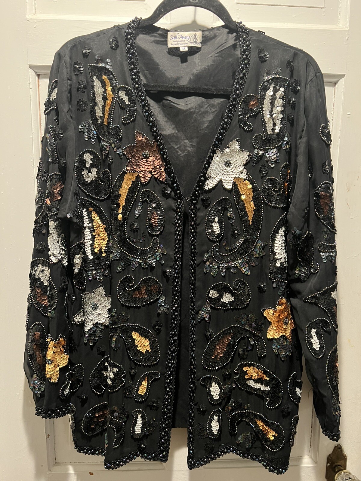 SAIL AWAY GORGEOUS Black Jacket BEADED Silk–Vintage-E/C LINED XL