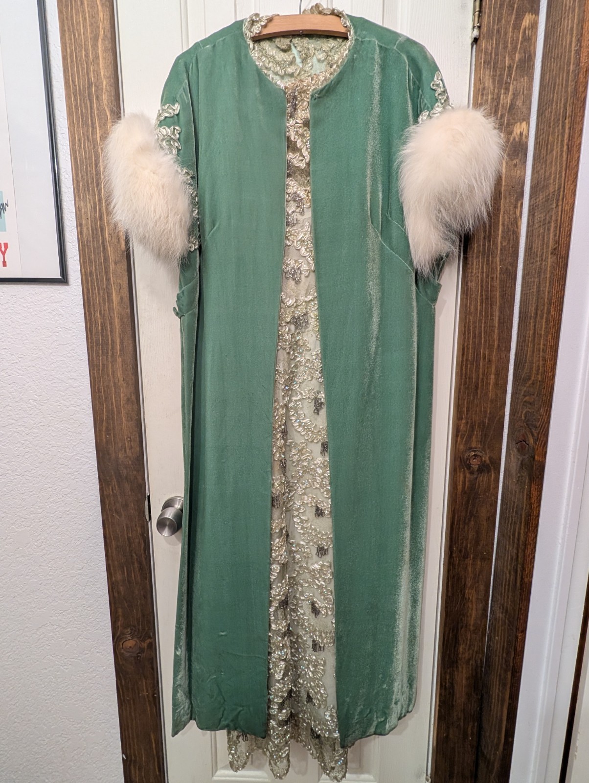 Vintage Handmade Green Beaded Evening Gown Size 0 w/ Coat Fur Accessories AS IS