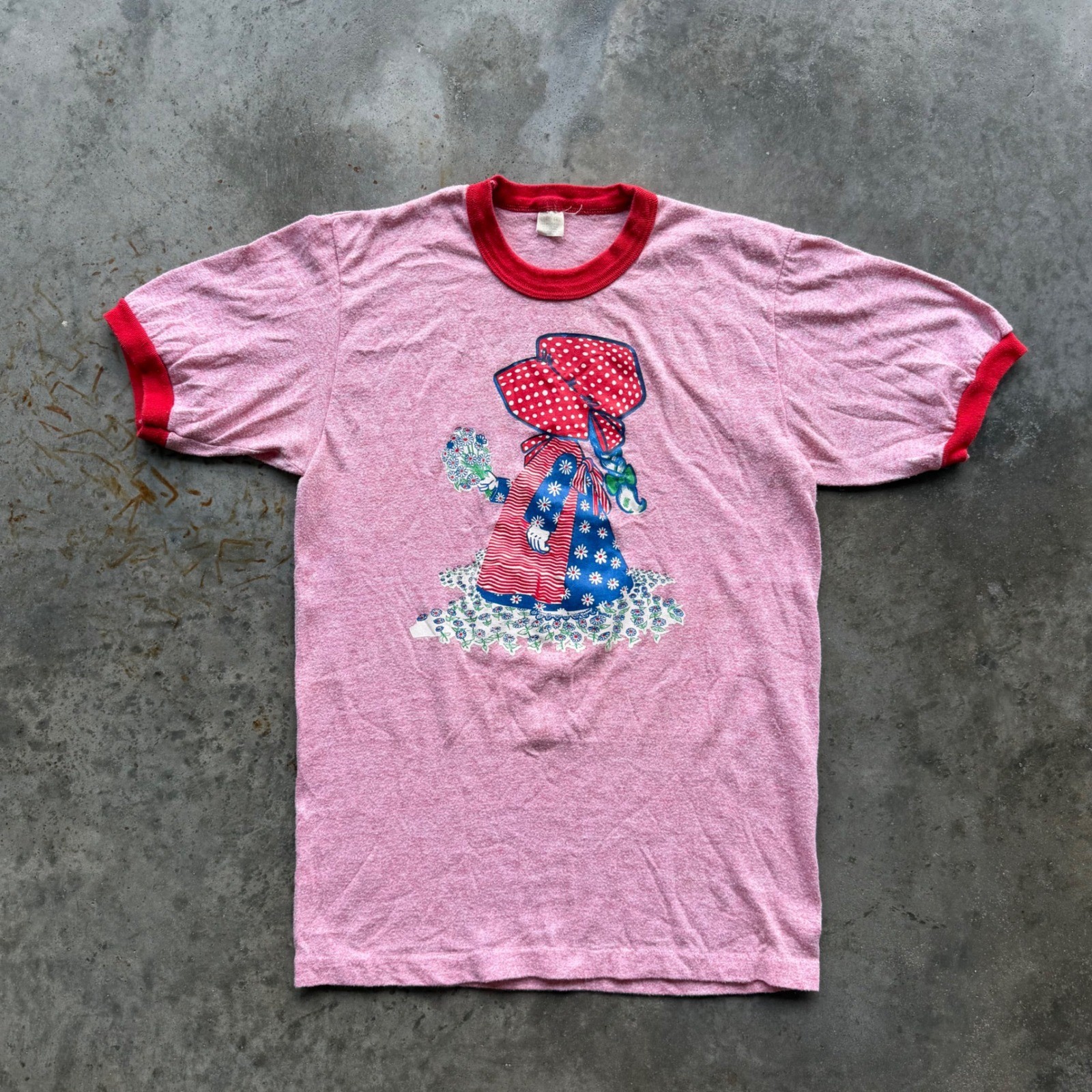 Vintage 70s Holly Hobbie Ringer T-Shirt Pink Red Graphic Tee Large 42-44