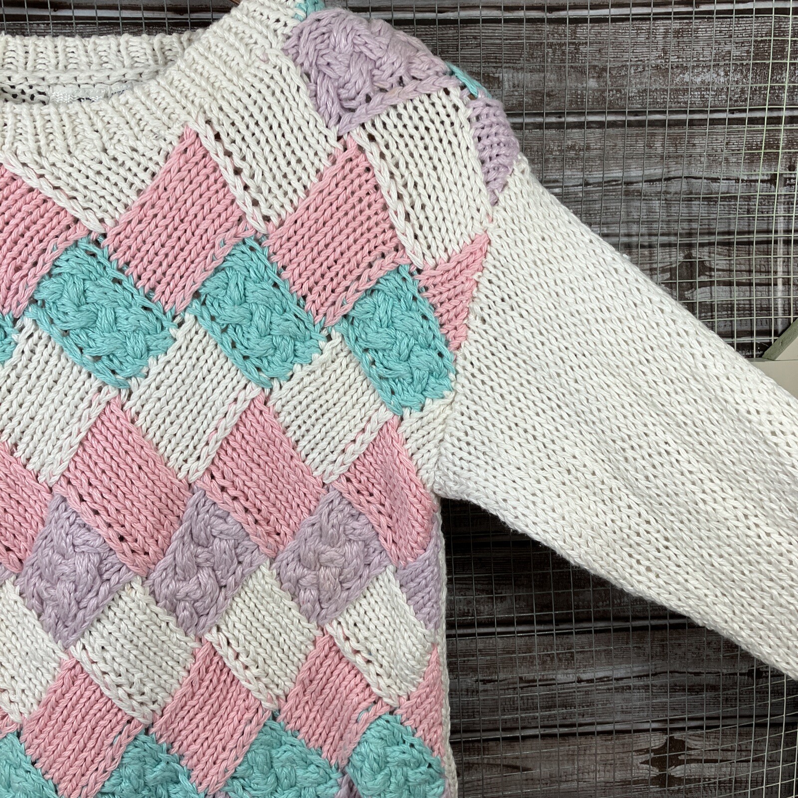 Vintage Chunky Knit Pastel Argyle Diamond Checkerboard Sweater Sz S White 80’s