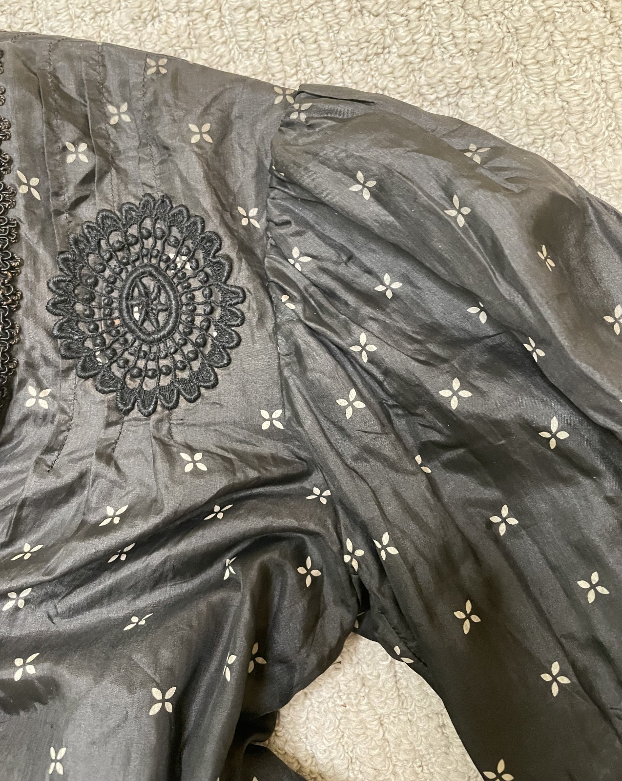 Antique Victorian Black Silk Top Blouse S Bodice Bishop Sleeves Lace Trim Peplum