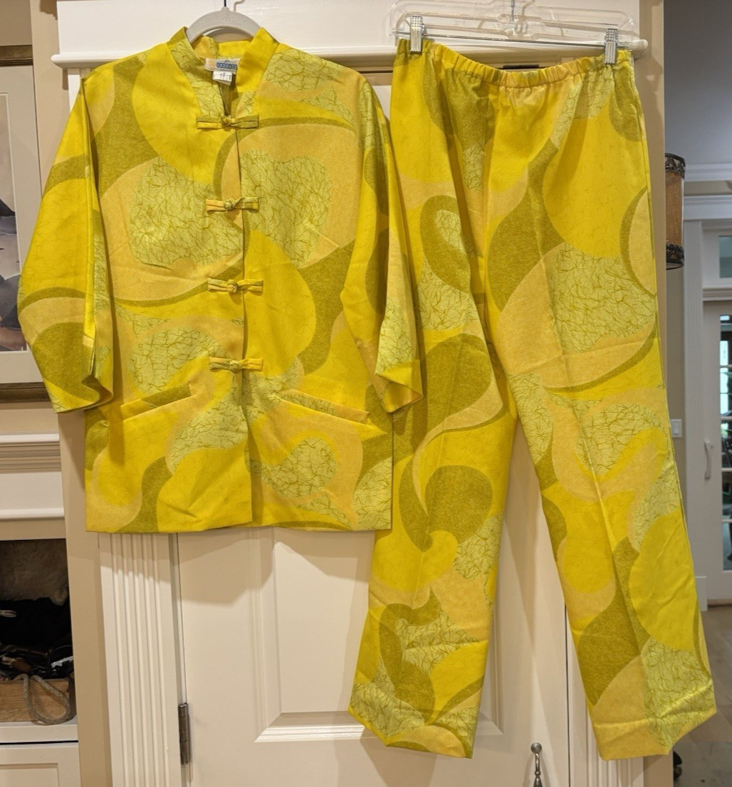 NWOT Vtg ANDRADE Honolulu POLYNESIAN CASUALS Hawaii Pajama Set 14 Yellow 60s