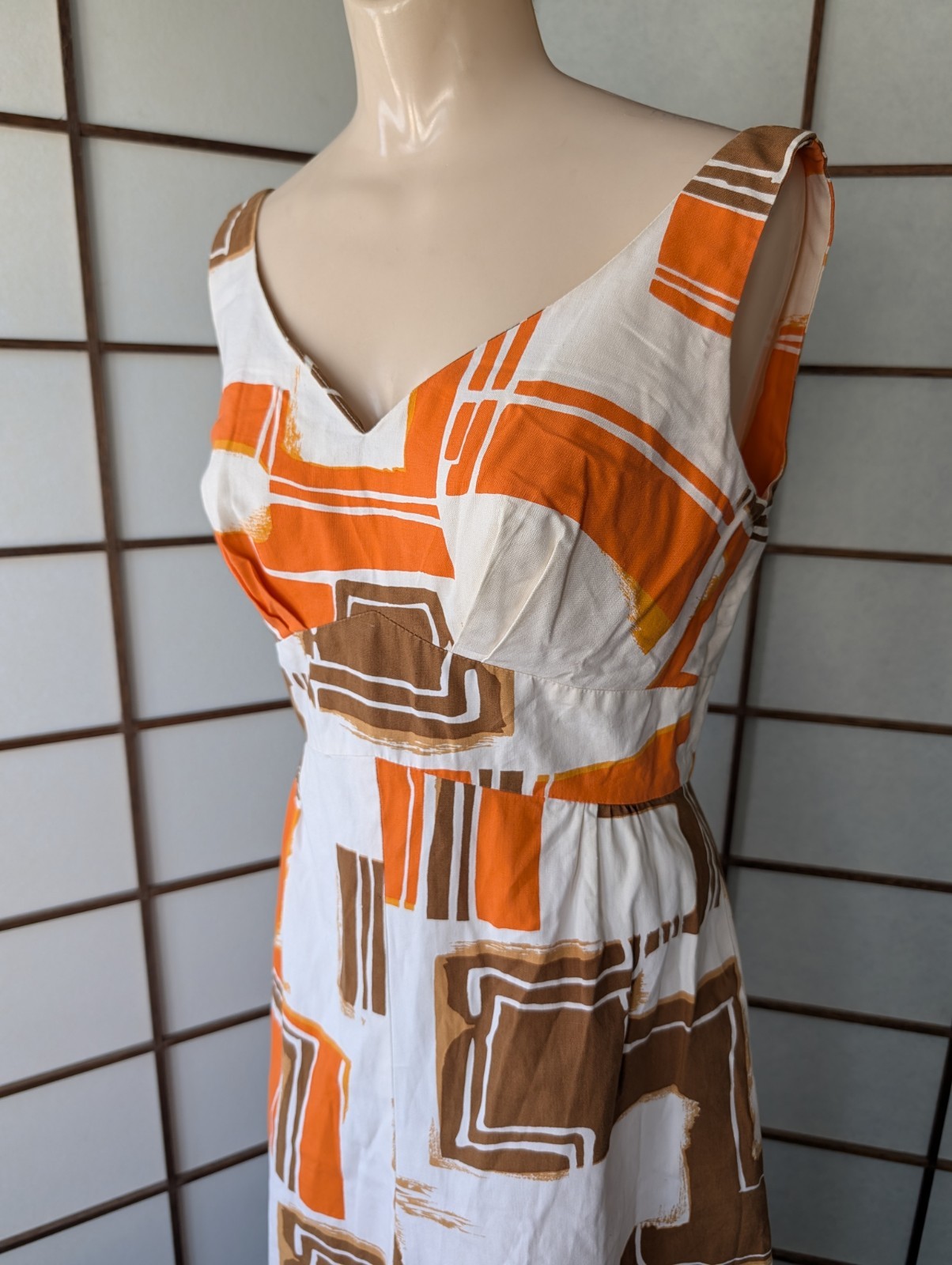 Vtg 1970s Island Casuals Hawaiian Maxi Dress Muu Muu Abstract Graphic Print S/M