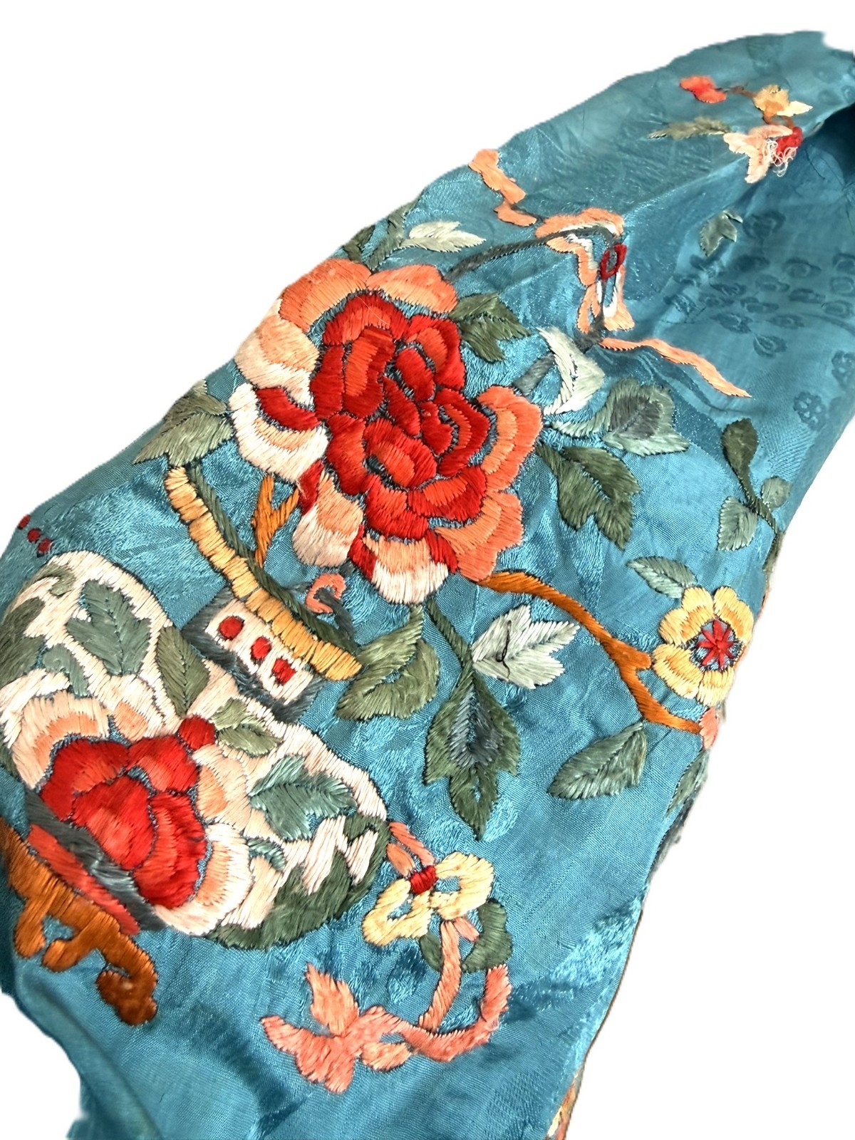 1920s 2pc Chinese Silk Satin Embroidered Blue and Peach Floral Robe Pants Set