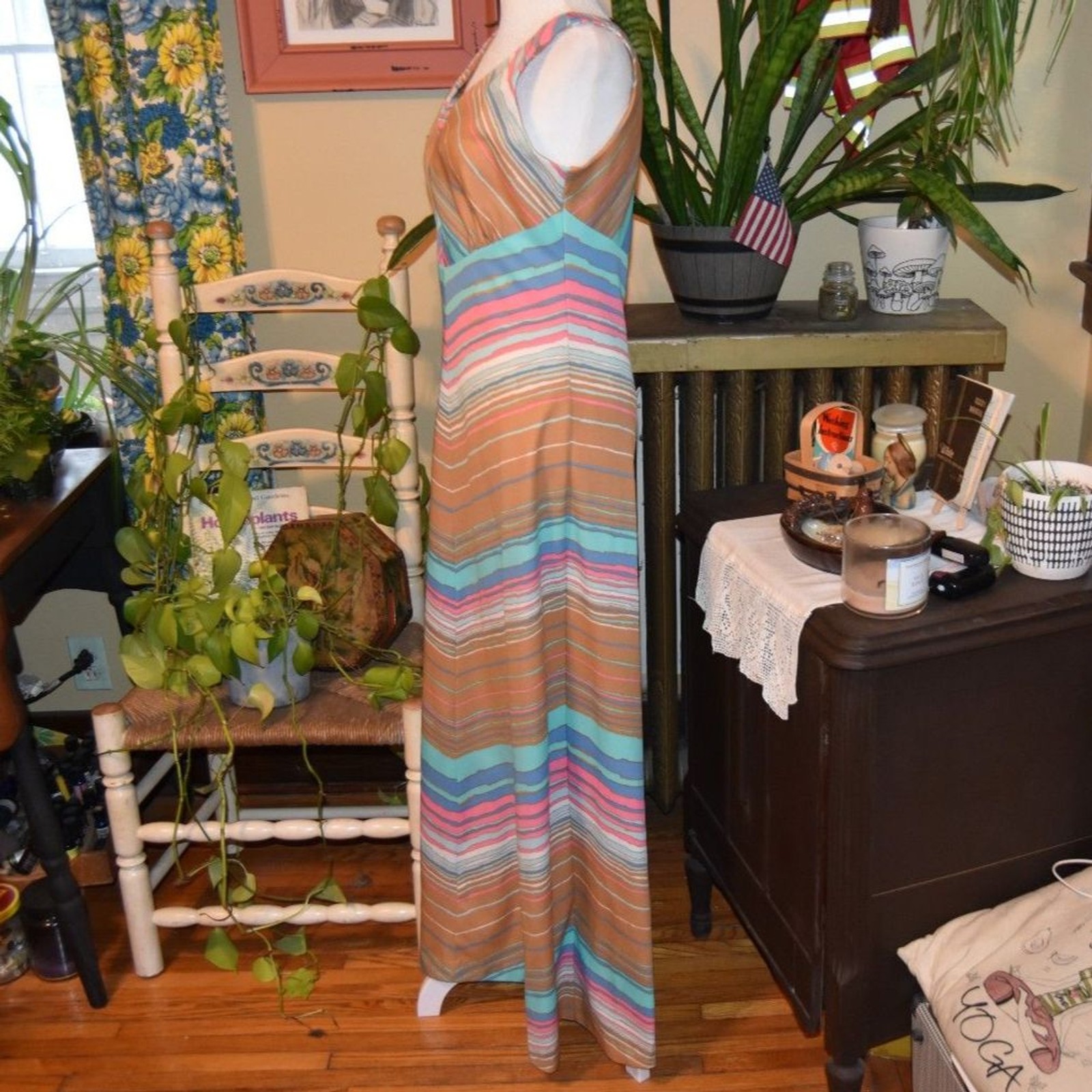 Vintage 1970s Yves Jennet Maxi Striped Psychadelic dress Sleeveless Size Small