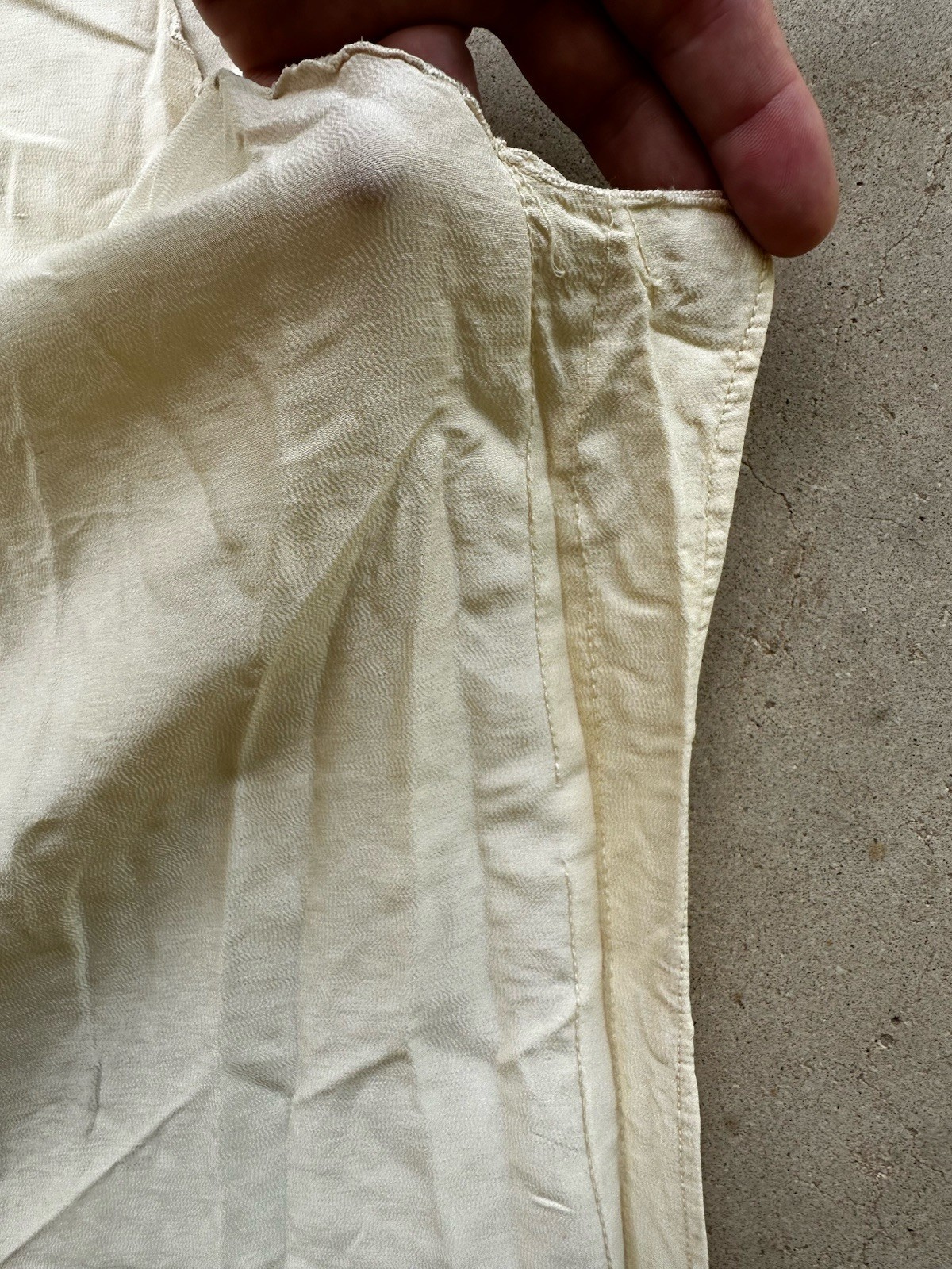 1930s Ivory Rayon Crepe Slip Dress AS-IS Filet Lace Embroidered Pocket DAMAGED