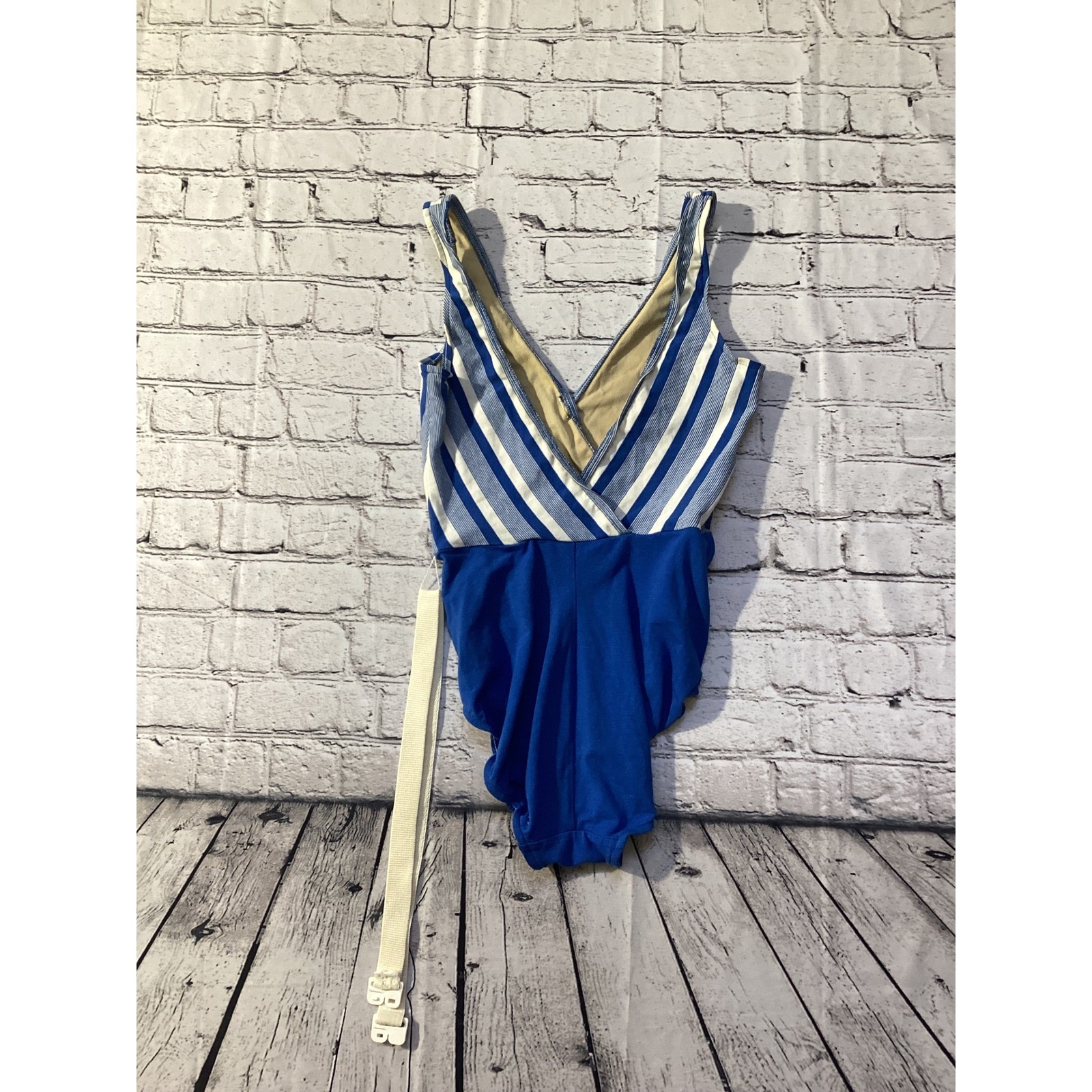 Vintage Cheryl Tiegs Sears Blue White Striped Belted One Piece Swimsuit USA 12