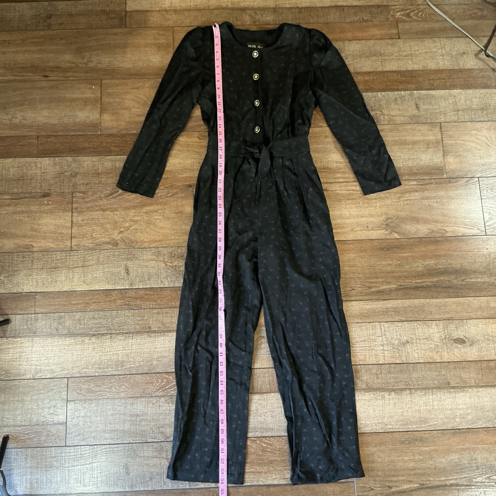 VTG Petite Jazz Black Floral Jacquard Jumpsuit Gold Buttons Belt Size SP #49E7