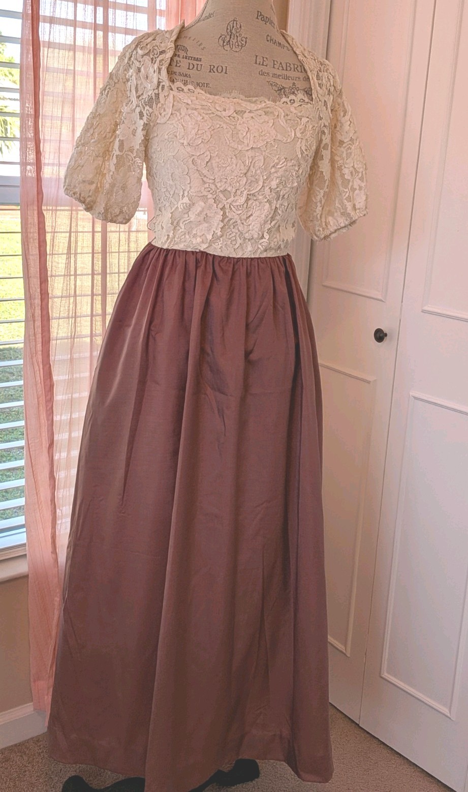 Vintage Late 1970s Maxi Dress With Brown Skirt And Cream Lace Top