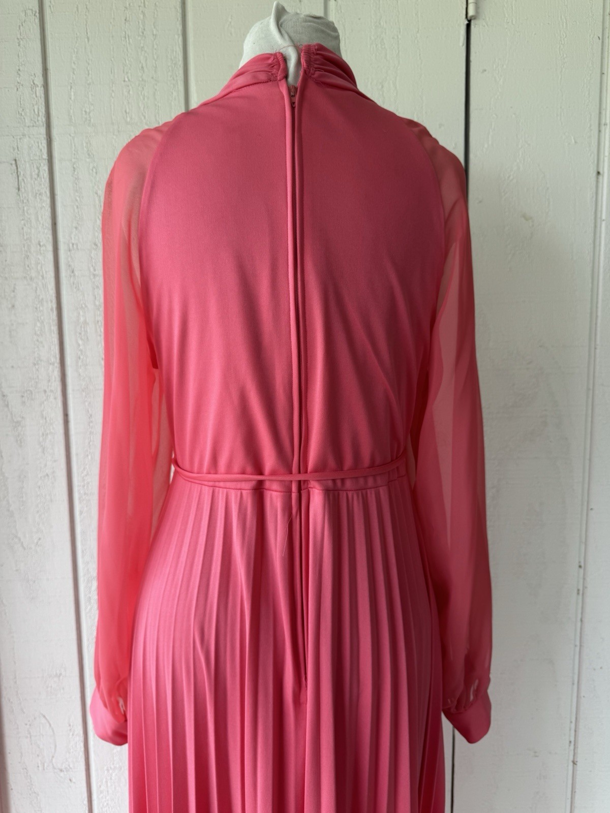 Vtg 70s Coral Accordion Pleat Maxi Dress Sz M Sheer Chiffon Sleeves EUC
