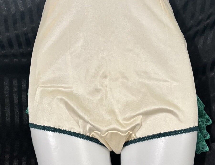Custom white Nylon Panties W/ White & Green Lace Sz 8 Wide Gusset