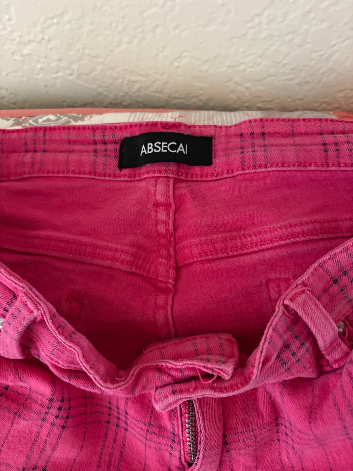 Vintage ABSECAI Pink Plaid Pants – Size 38 – Stretch Cotton Skinny Fit