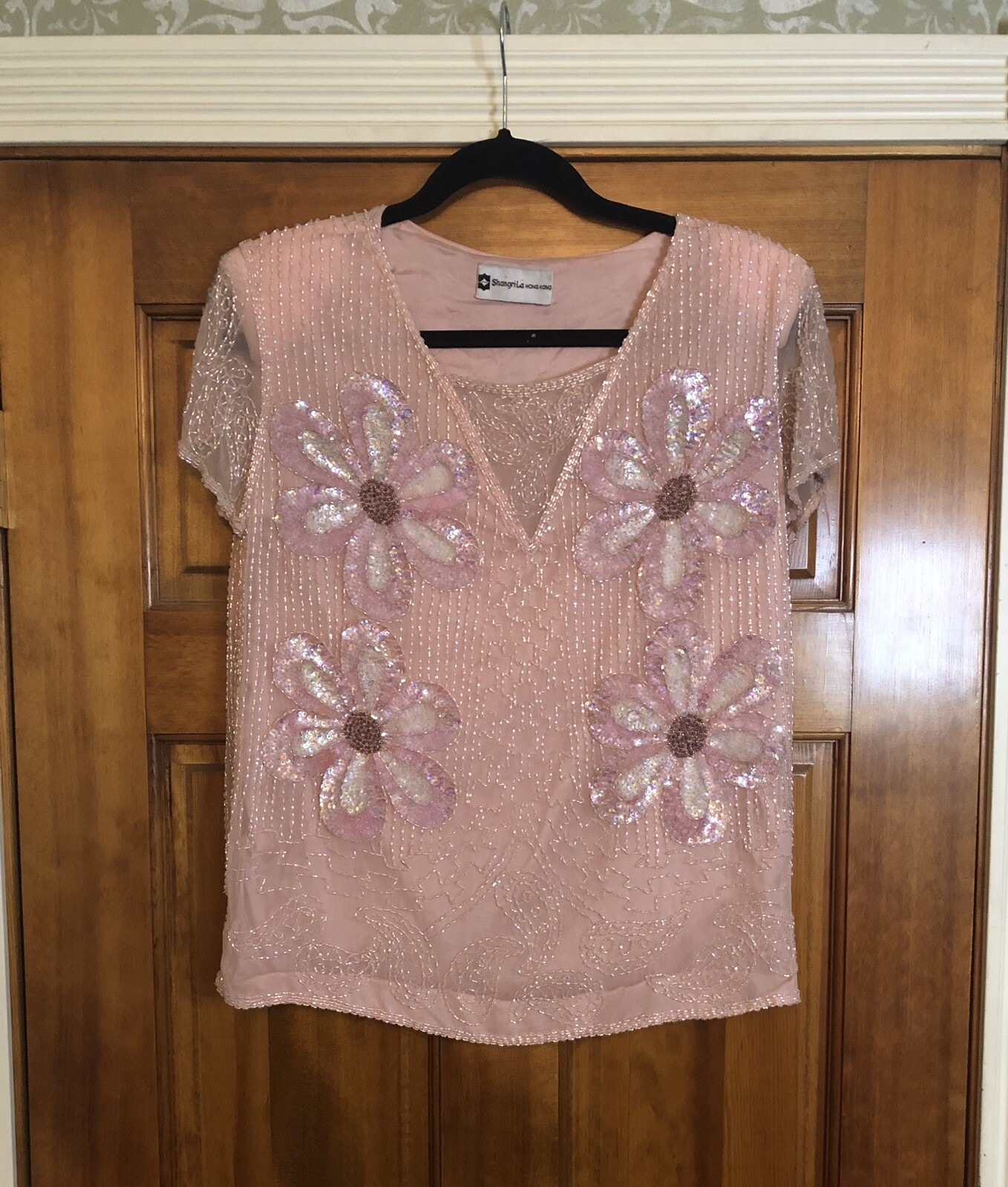 Vintage Beaded PINK Sequins Silk Women’s Shangri-La Hong Kong Shirt Blouse Top M
