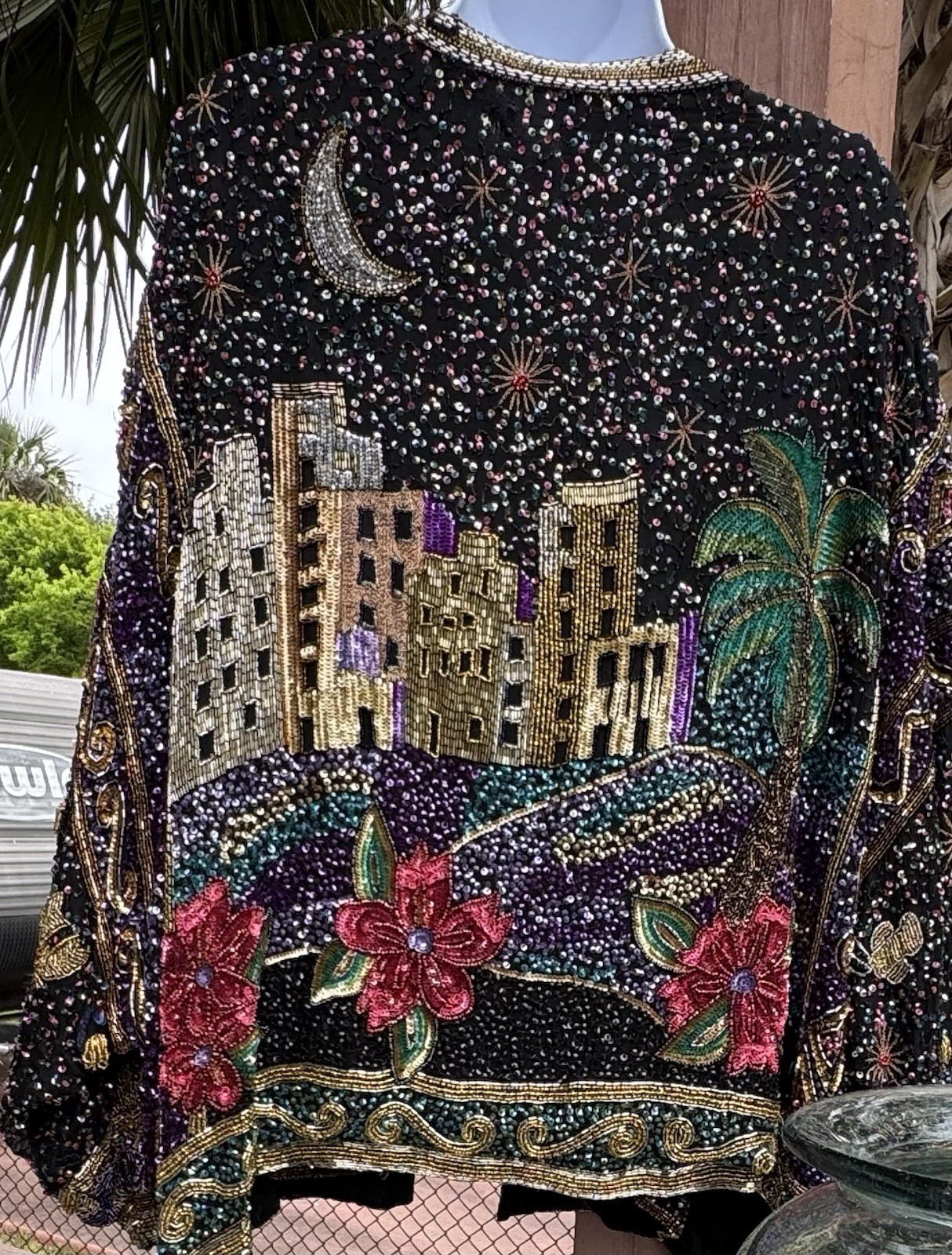 Vintage Laurence Kazar Beaded Jacket Tank Shell Set Silk Cityscape XL