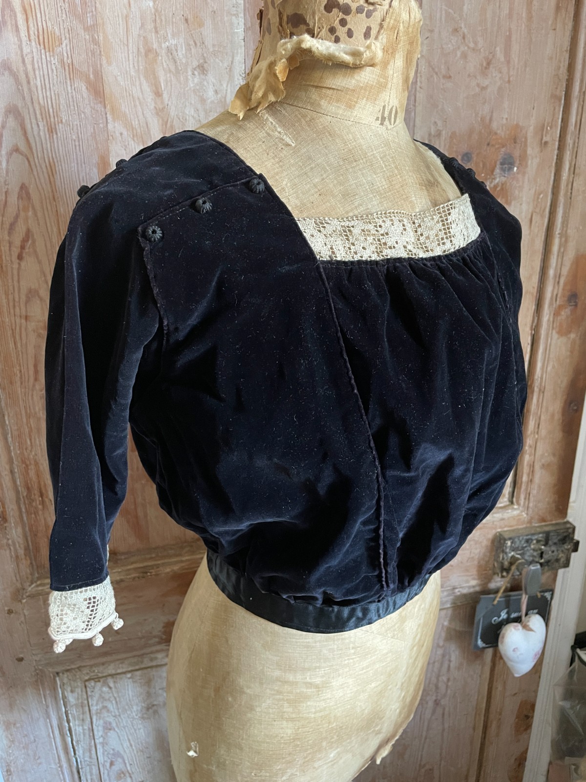 Antique French Black Velvet Edwardian Blouse Handmade Lace Trim c1910 Sz S