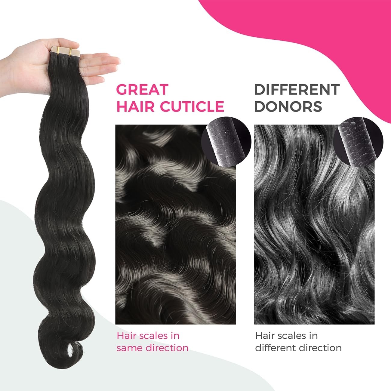 Lashey Human Hair Tape in Extensions, Body Wave, Natural Black, 18 Inch, 50g