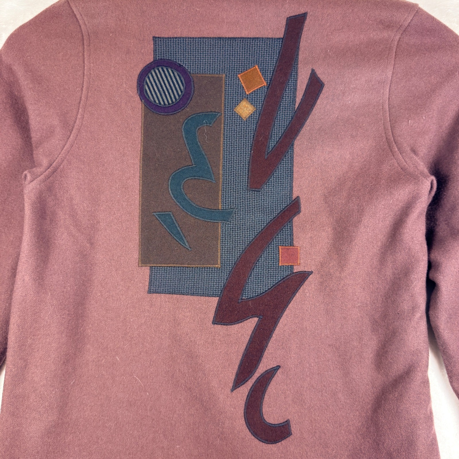 Beppa Pure Wool Abstract Geometric Applique Shawl Collar Jacket Mauve Size S VTG