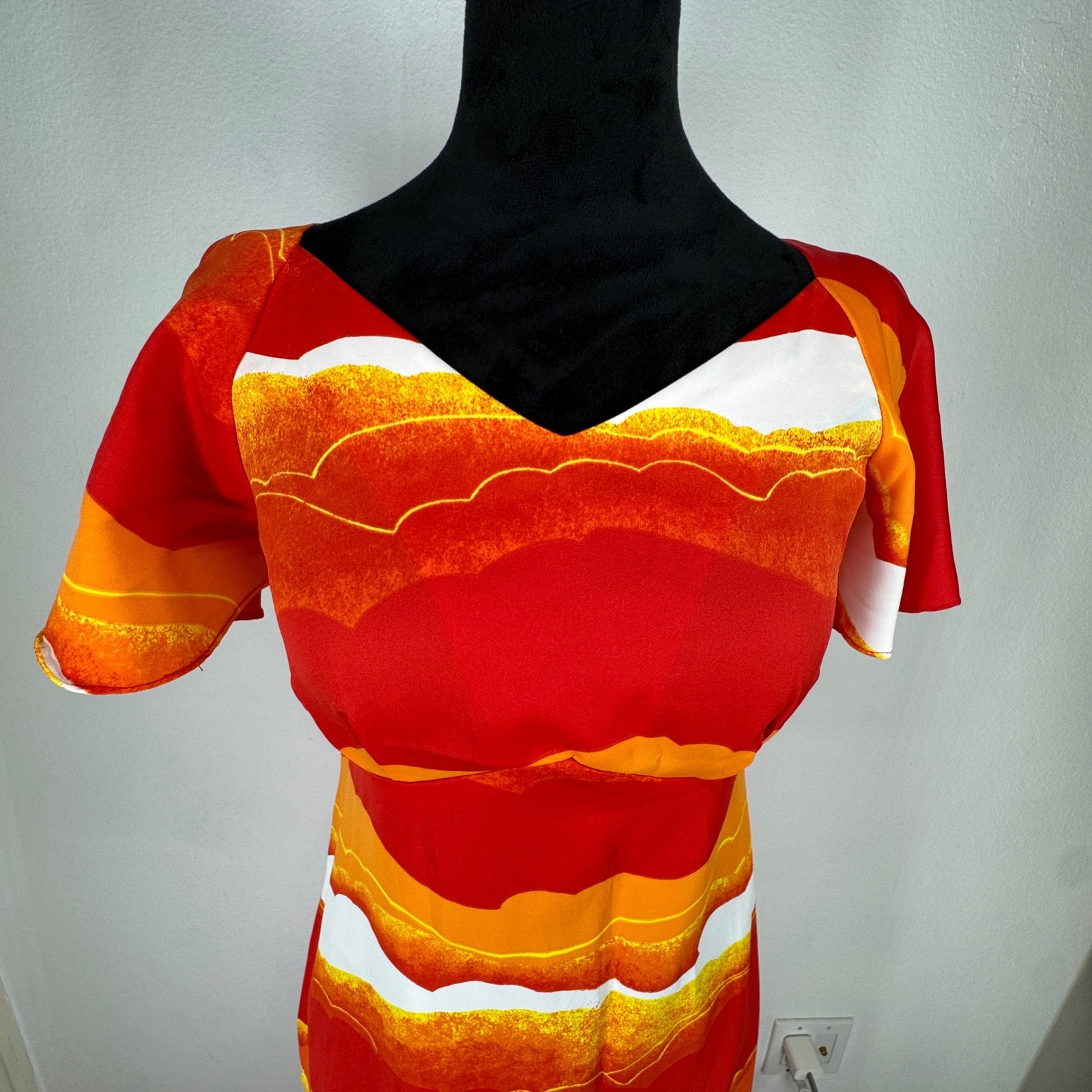 Vintage Hawaiian Sunset Maxi Dress 6 Made in Hawaii Sunset Empire Waist Orange