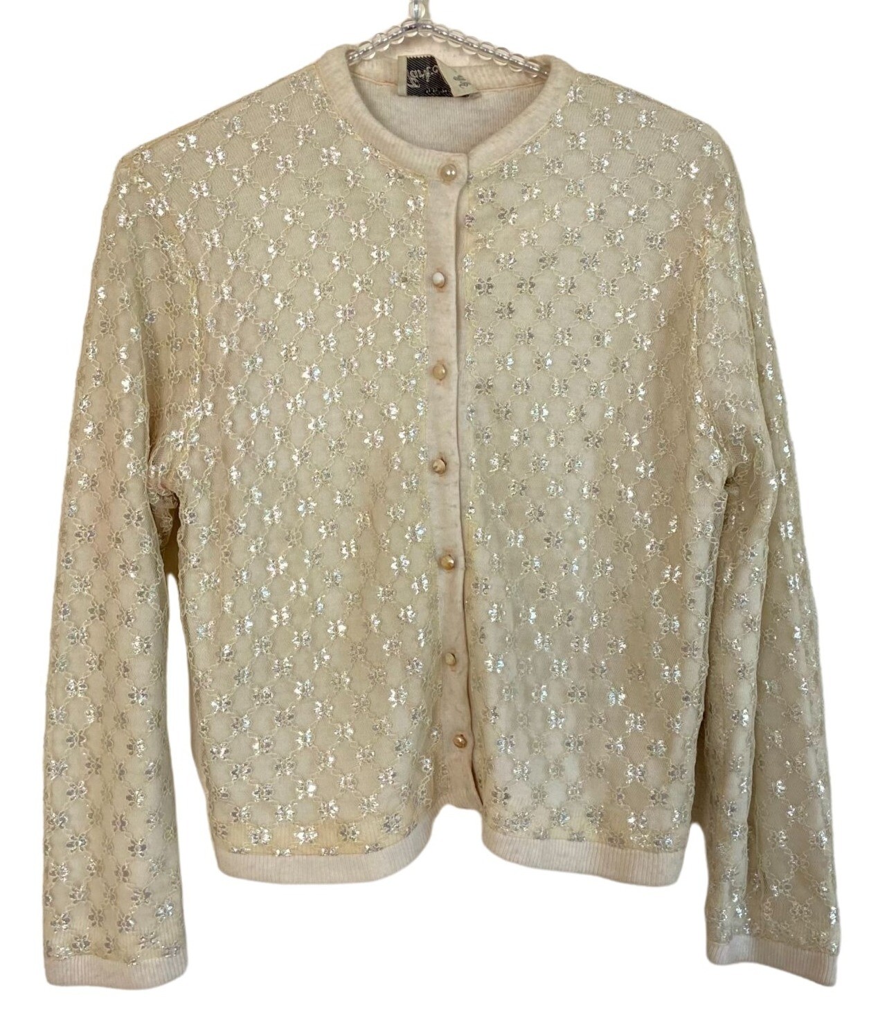 Park Storyk 1950’s Vintage Orlon Acrylic Cardigan Knit Sweater Metallic Lace Ove