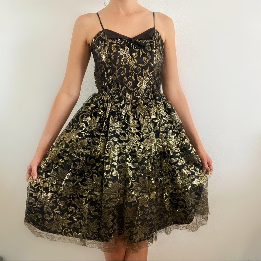Vintage 80s black lace gold metallic dress cami semi formal party small