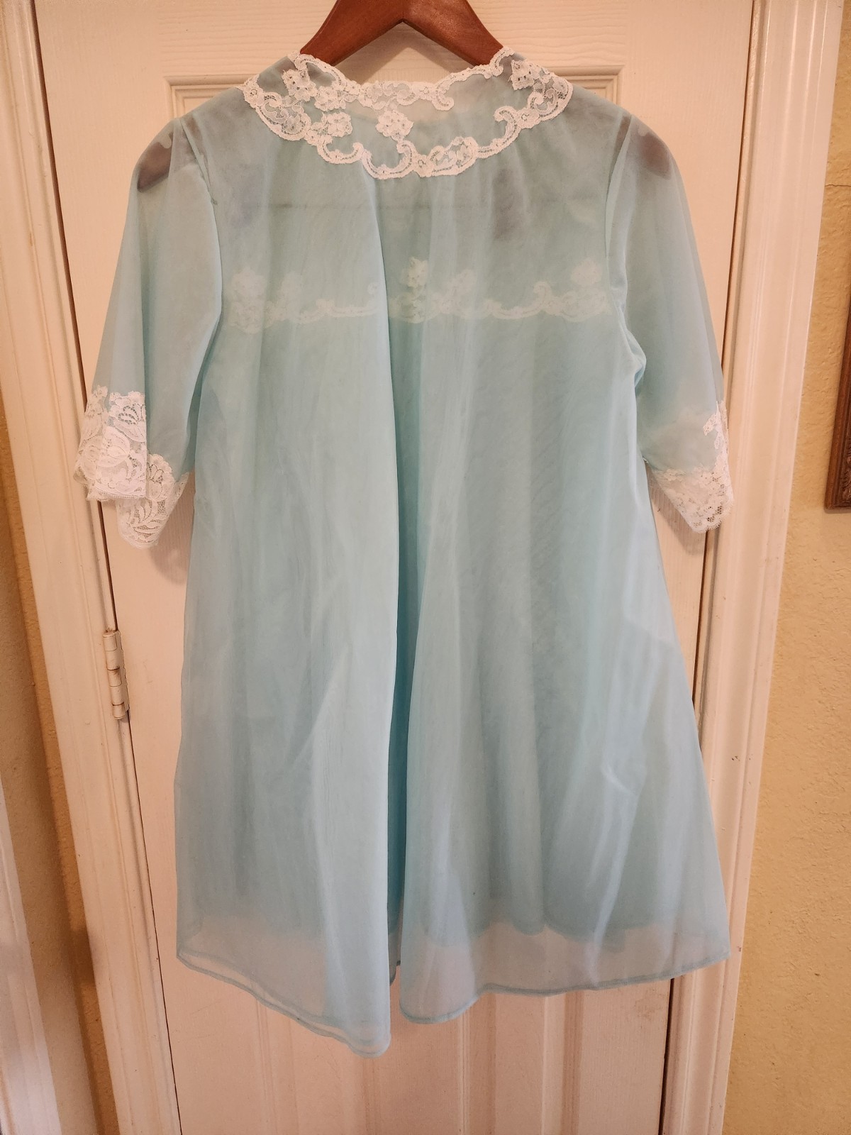 VTG Sm+ Ocean Blue Sheer Dbl Chiffon Babydoll Peignoir Robe Nightgown Gown Set