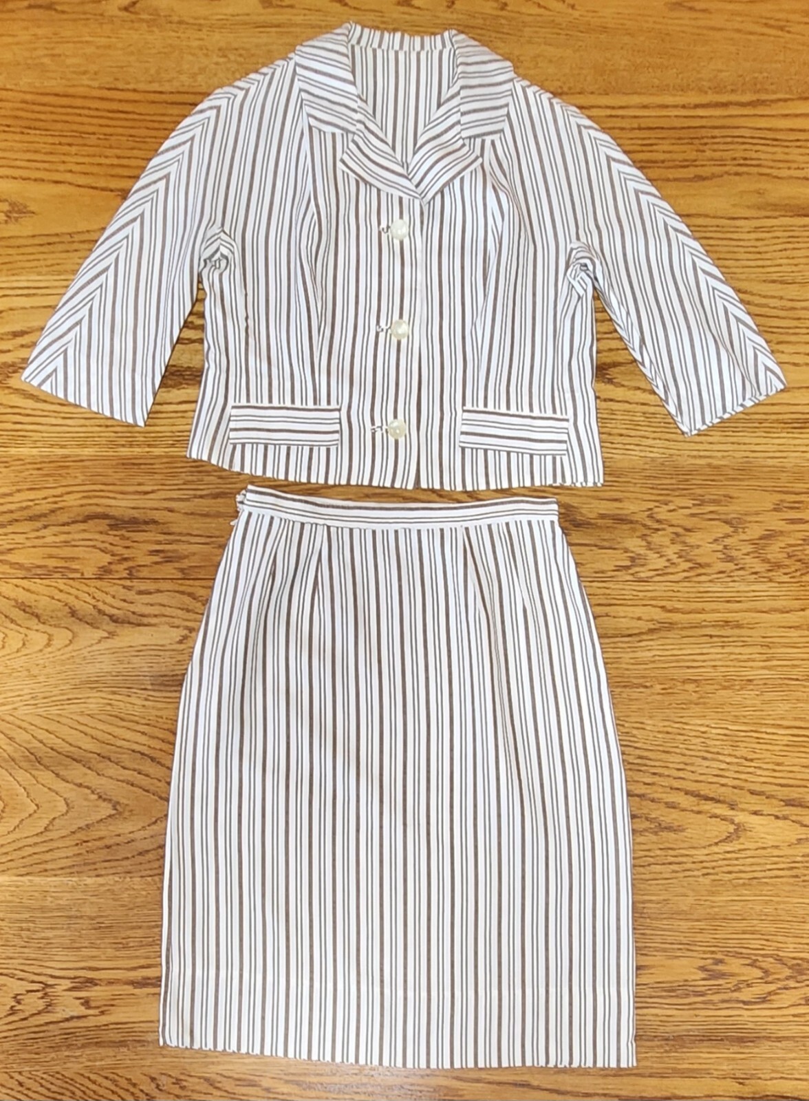 Vintage 2-Piece Cream & Brown Striped Skirt Suit, a David CRYSTAL Fashion