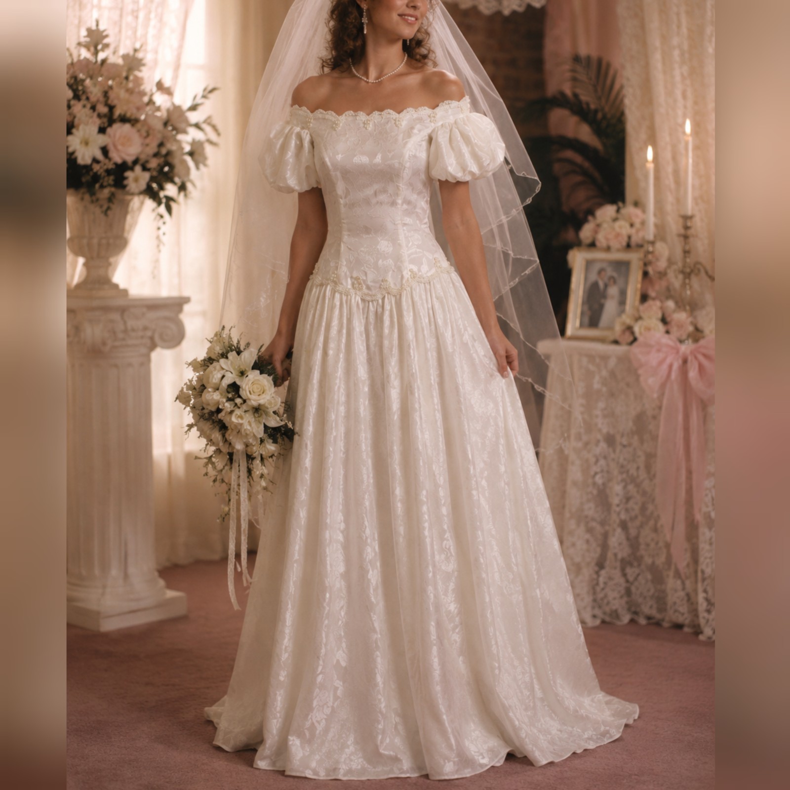 Unbranded Vintage 80s 90s White Jacquard satin regency style Wedding Dress sz 6