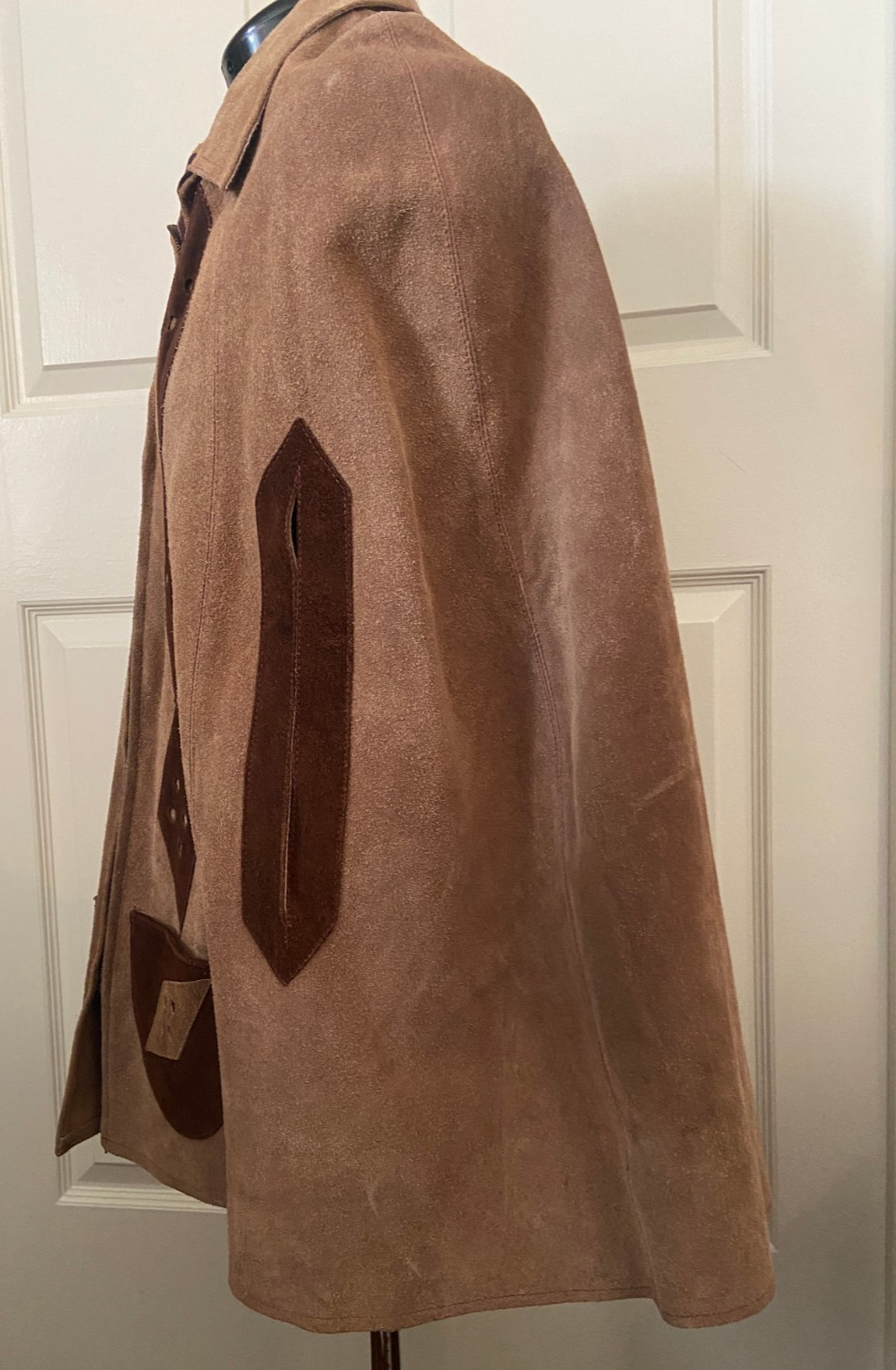 70s Suede Leather Cape Poncho Brown Tan Diamond Boho Coat Vintage Sz Small/M