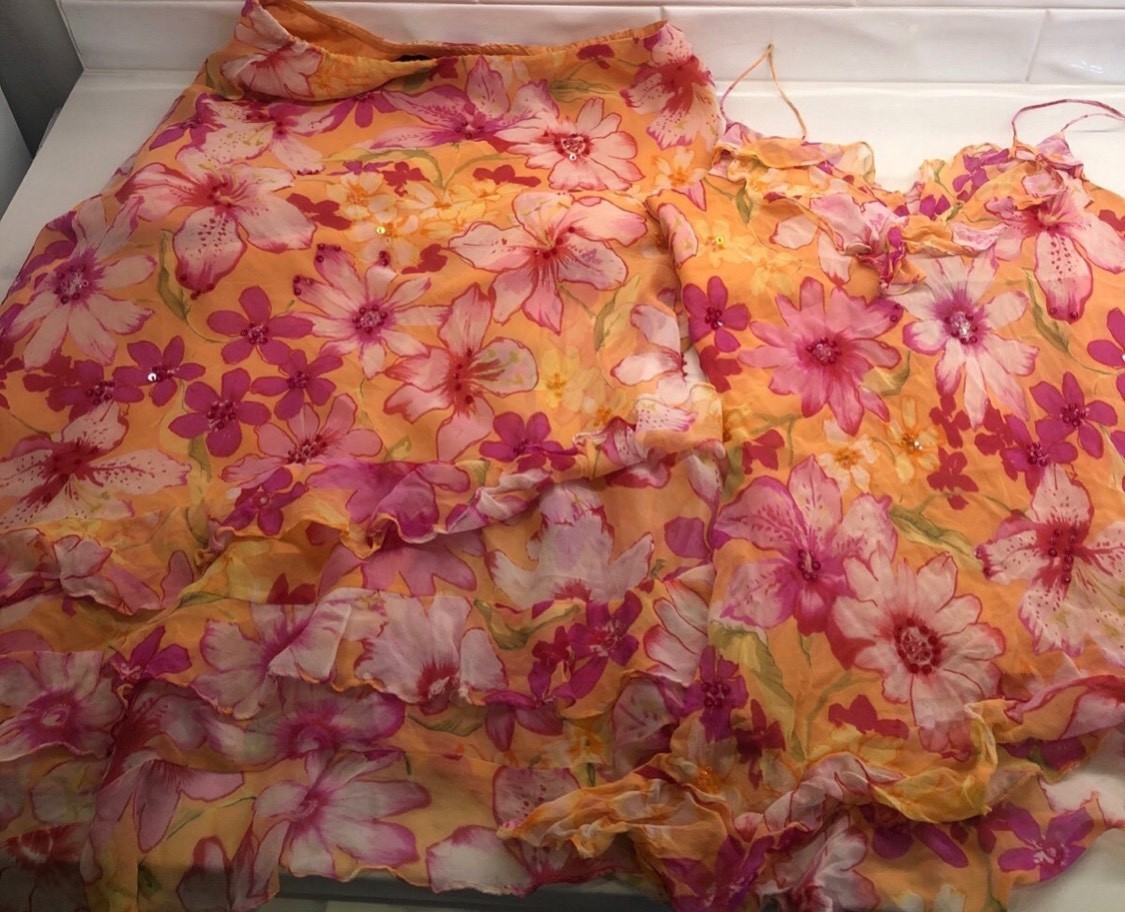 Vintage MIX IT Floral Ruffle Chiffon 2-Piece Matching Set Orange Pink Pristine