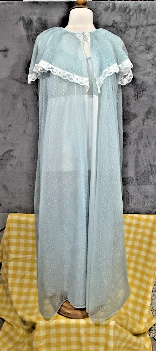 Movie Star VTG Baby Blue Nylon Chiffon Sheer Robe Peignoir + Negligee Set 1960s