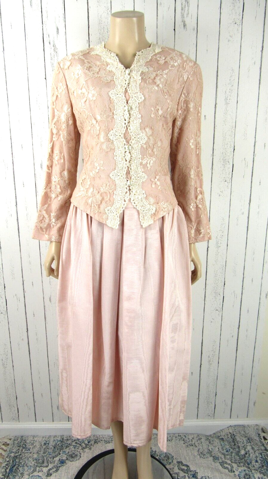 Vintage 80s Scott McClintock Pink Lace Taffeta 2 pc Dress Suit Bridal Victorian