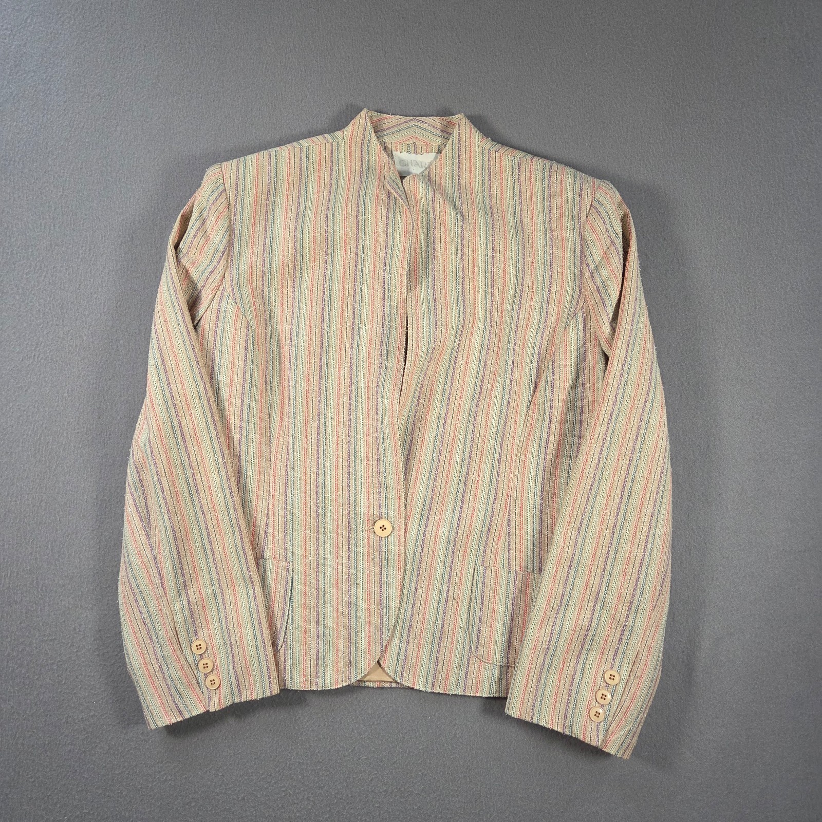 Vintage Charan Jacket Womens 16 Large Beige Striped Silk Blend Blazer Business