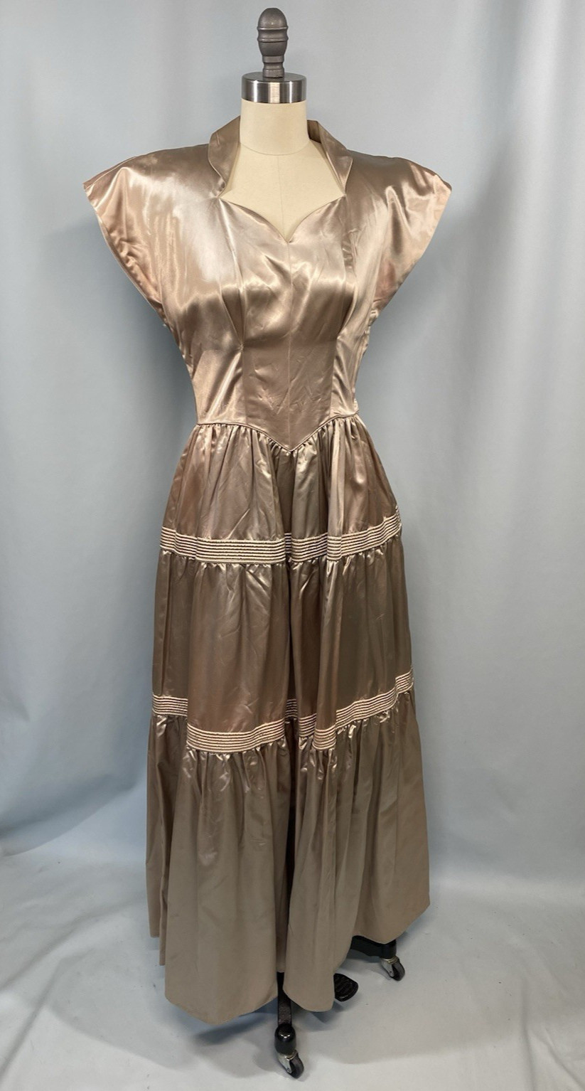 Vintage Dress SIZE EXTRA SMALL satin tan beige 40s 50s evening long wedding