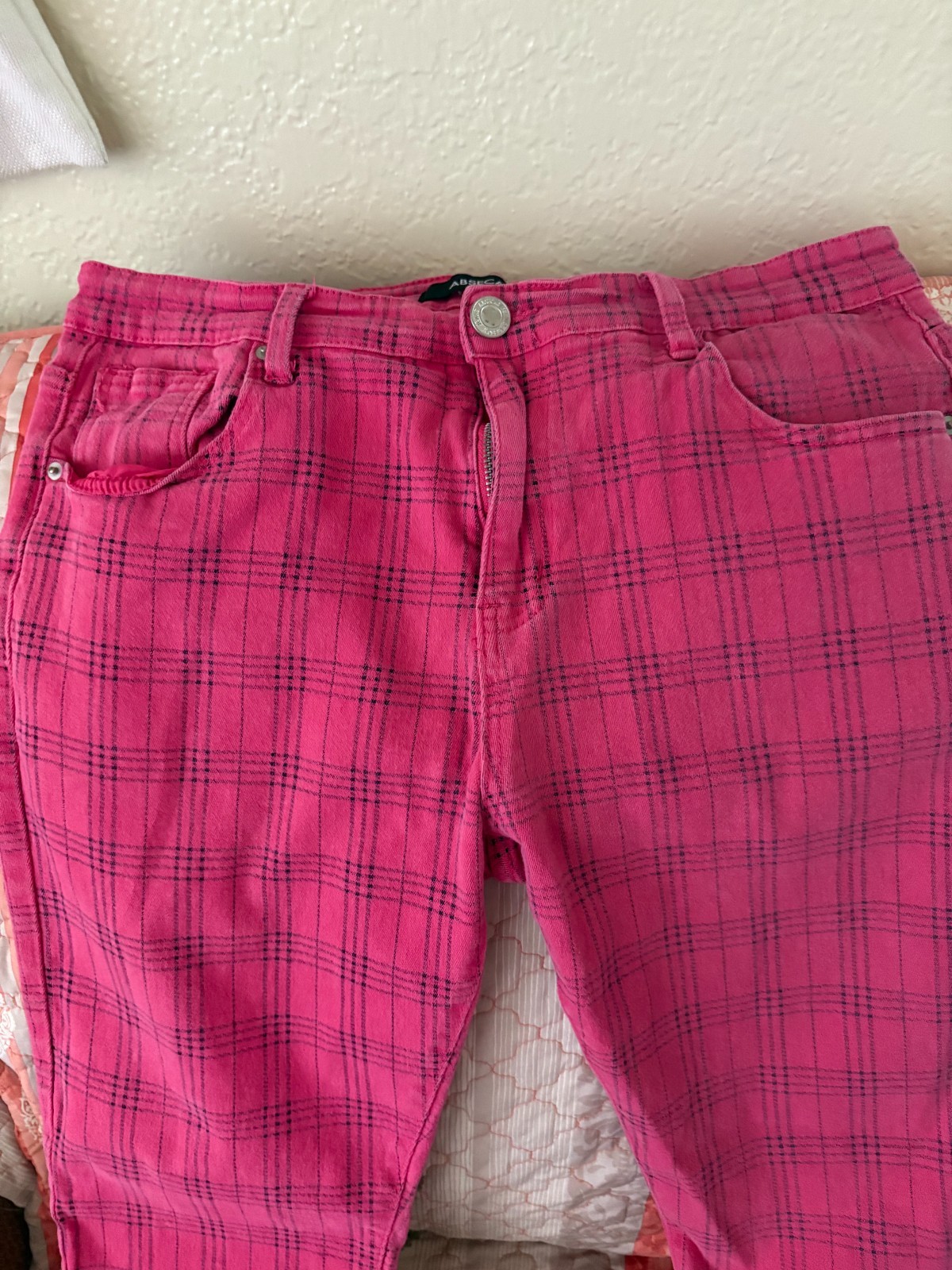 Vintage ABSECAI Pink Plaid Pants – Size 38 – Stretch Cotton Skinny Fit