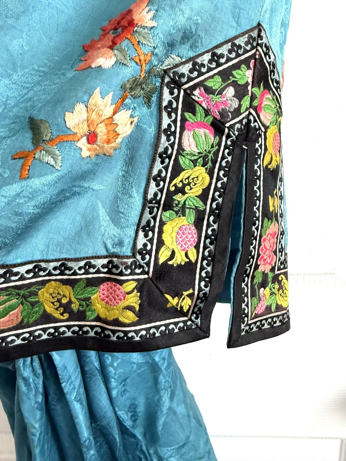 1920s 2pc Chinese Silk Satin Embroidered Blue and Peach Floral Robe Pants Set
