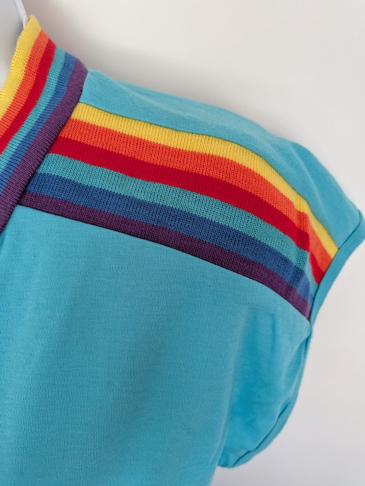 NOS Vintage 80s 90s Teal Rainbow Stripe banded top V-neck Just a Teeze womens M