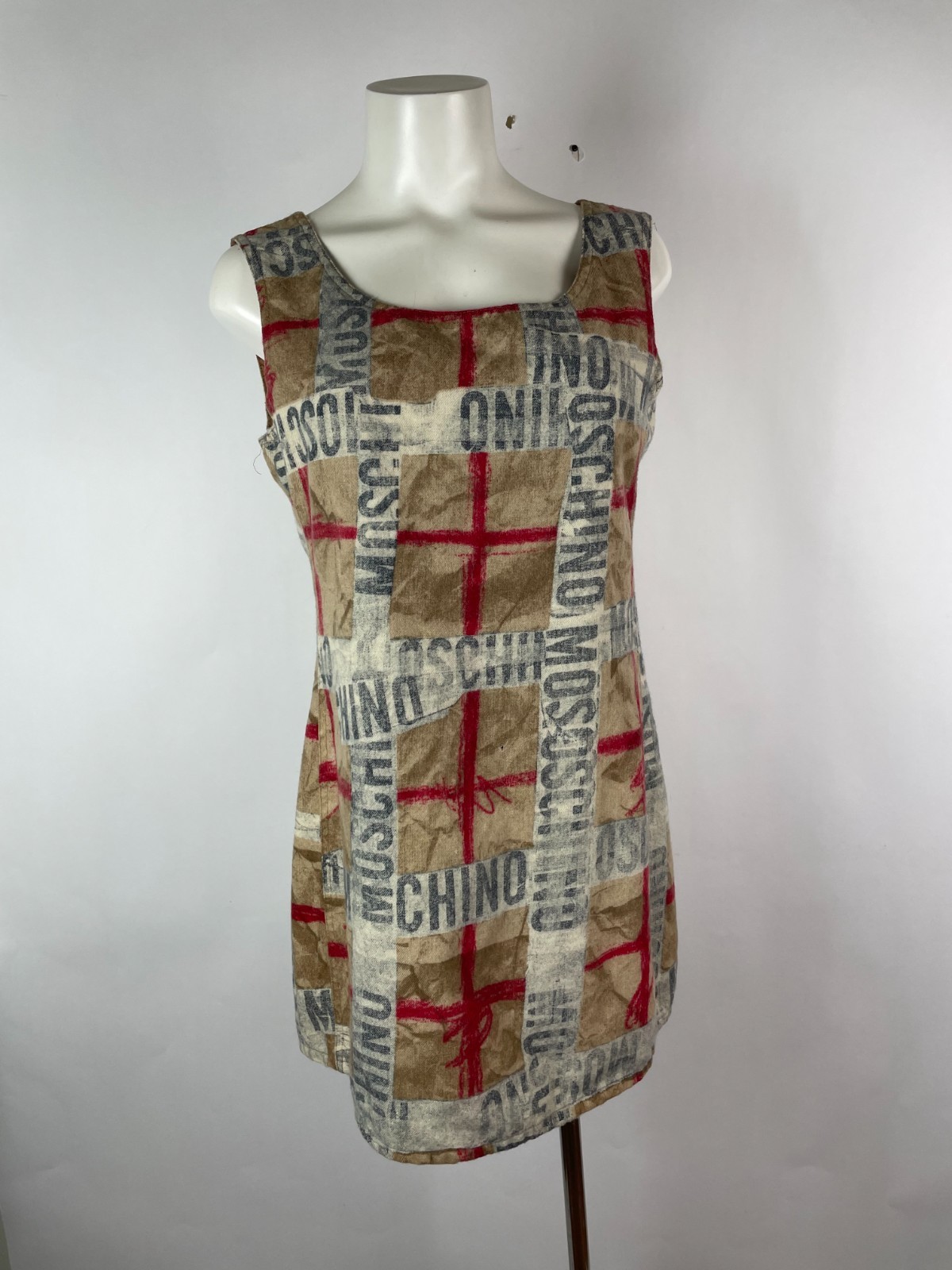 Vintage 90s MOSCHINO Plaid logo lettering mini dress wool 44 Italy DAMAGE