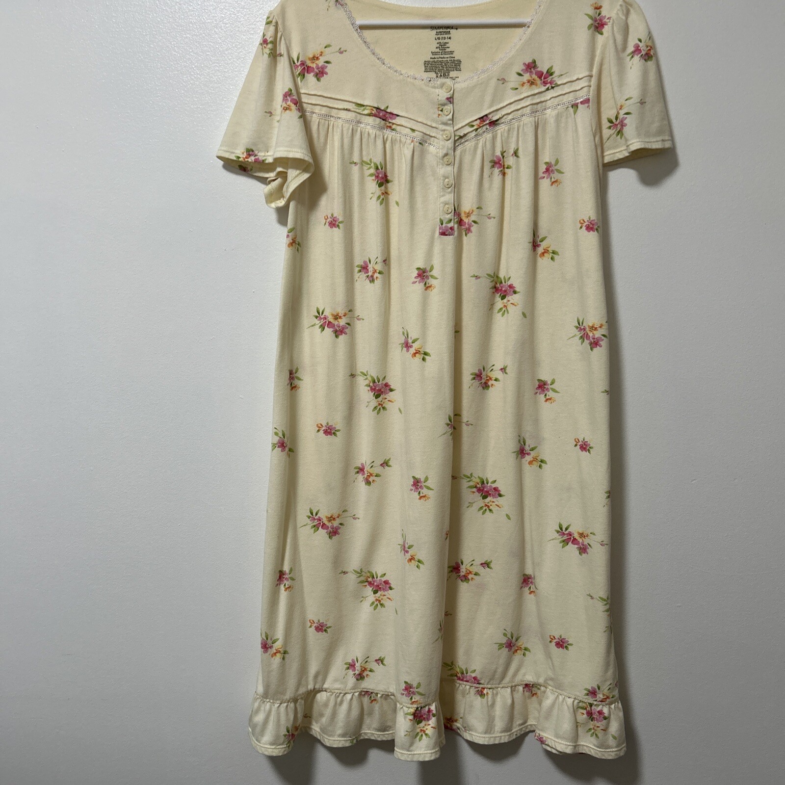 Simply Basic Nightgown Size Large Prairie Granny Pale Yellow Feminine Ruffle