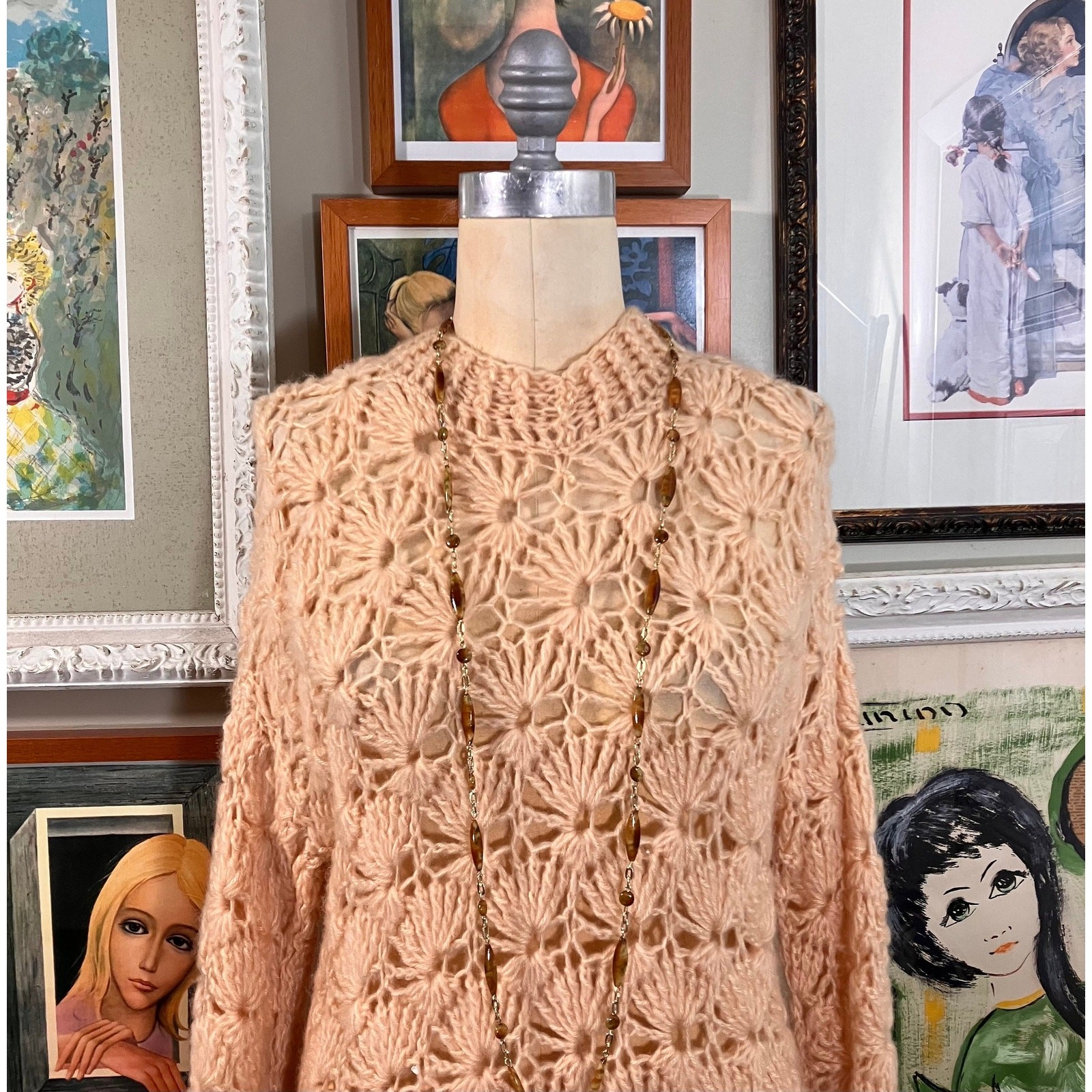 1970s Apricot Wool Blend Knit Sweater Dress Loose Crochet Pullover Tunic