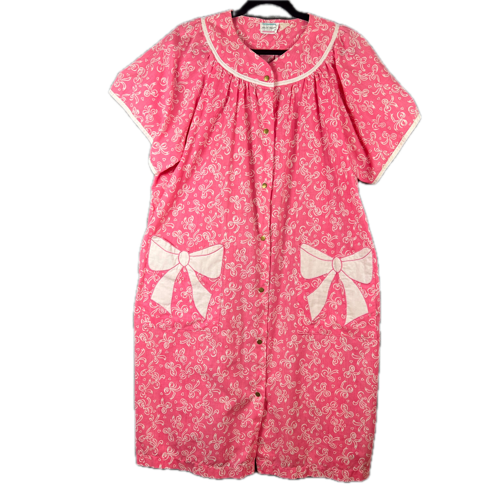Vintage Kelly Reed Duster House Dress Pearl Snap Robe Womens XL Pink Floral 60s
