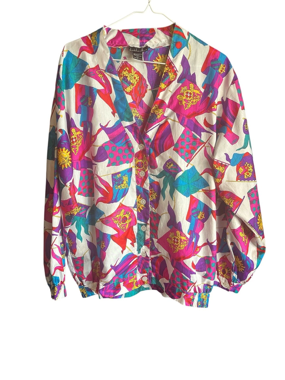 Vintage 80s David Matthew Abstract Heraldic Flag Print Button Down Blouse Size L