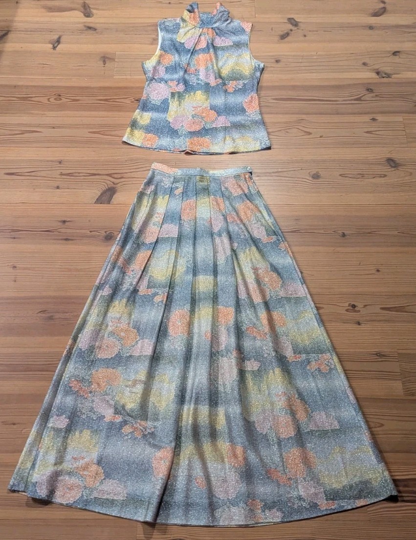 VINTAGE 1950S Koret of California Vintage Lurex Metallic Floral Top Skirt Set 12