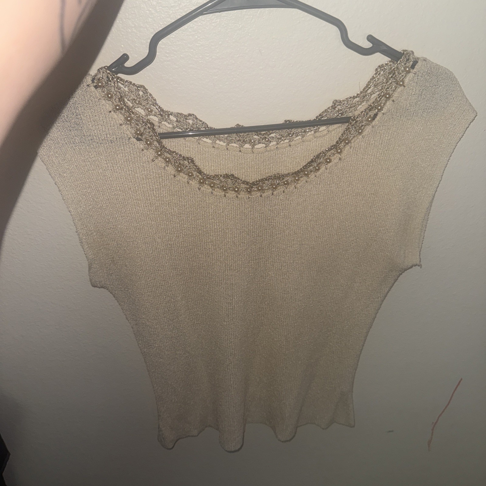 Vintage 1950s Jernat of Italy Knit Top – Jeweled Beaded Pearl Neckline, S/M
