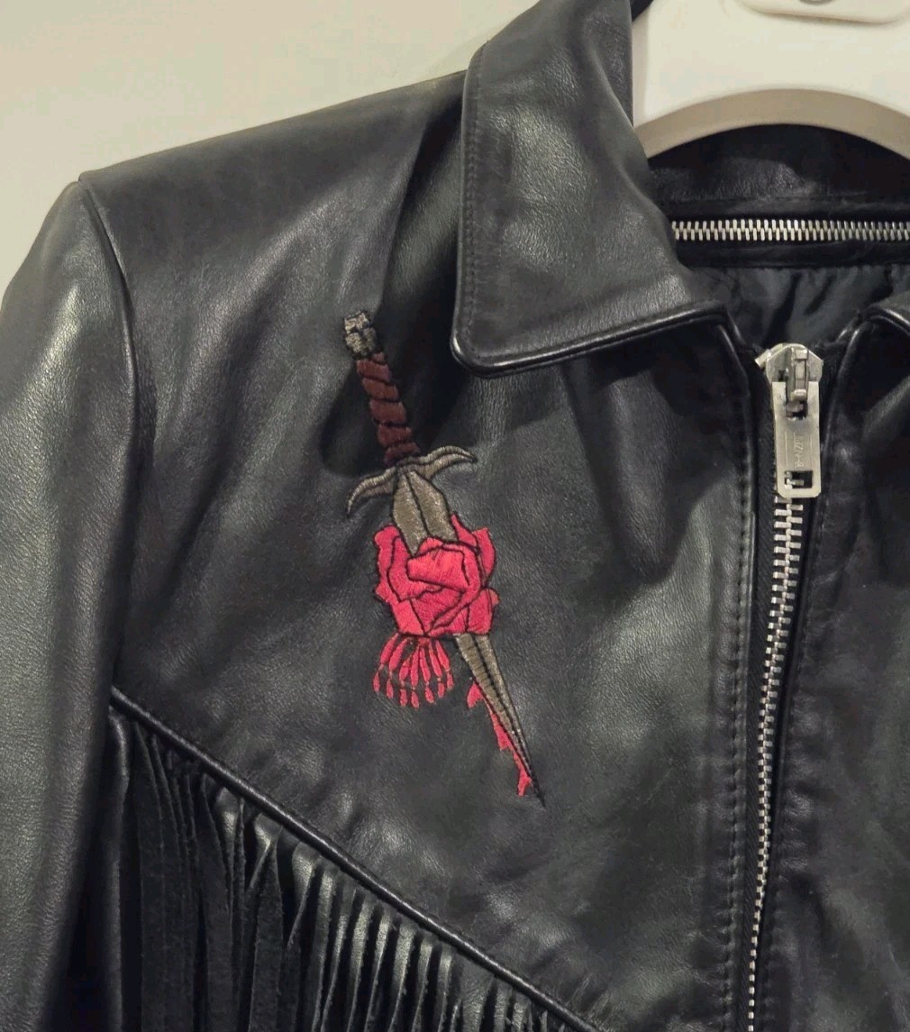 Vtg Park V Leather Fringe Moto Rockstar Jacket W/Rose Dagger Embroidery 10 USA🔥