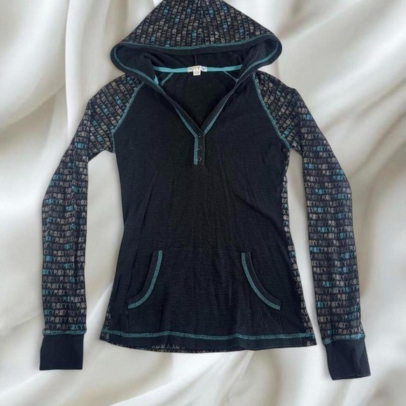 Roxy teal black graphic babydoll hooded henley top y2k vintage grunge skater