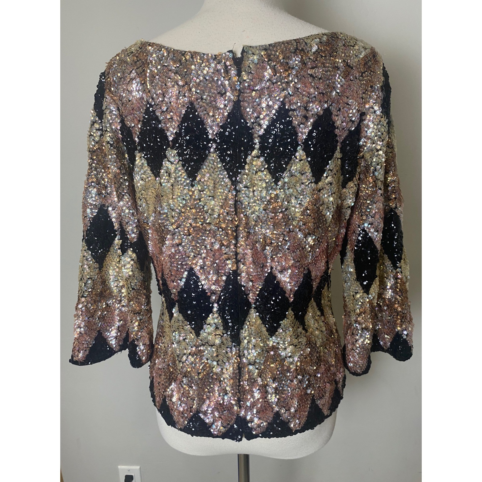Vintage Harlequin Sequin Top Gold Bronze Black Diamond Pattern Evening Blouse
